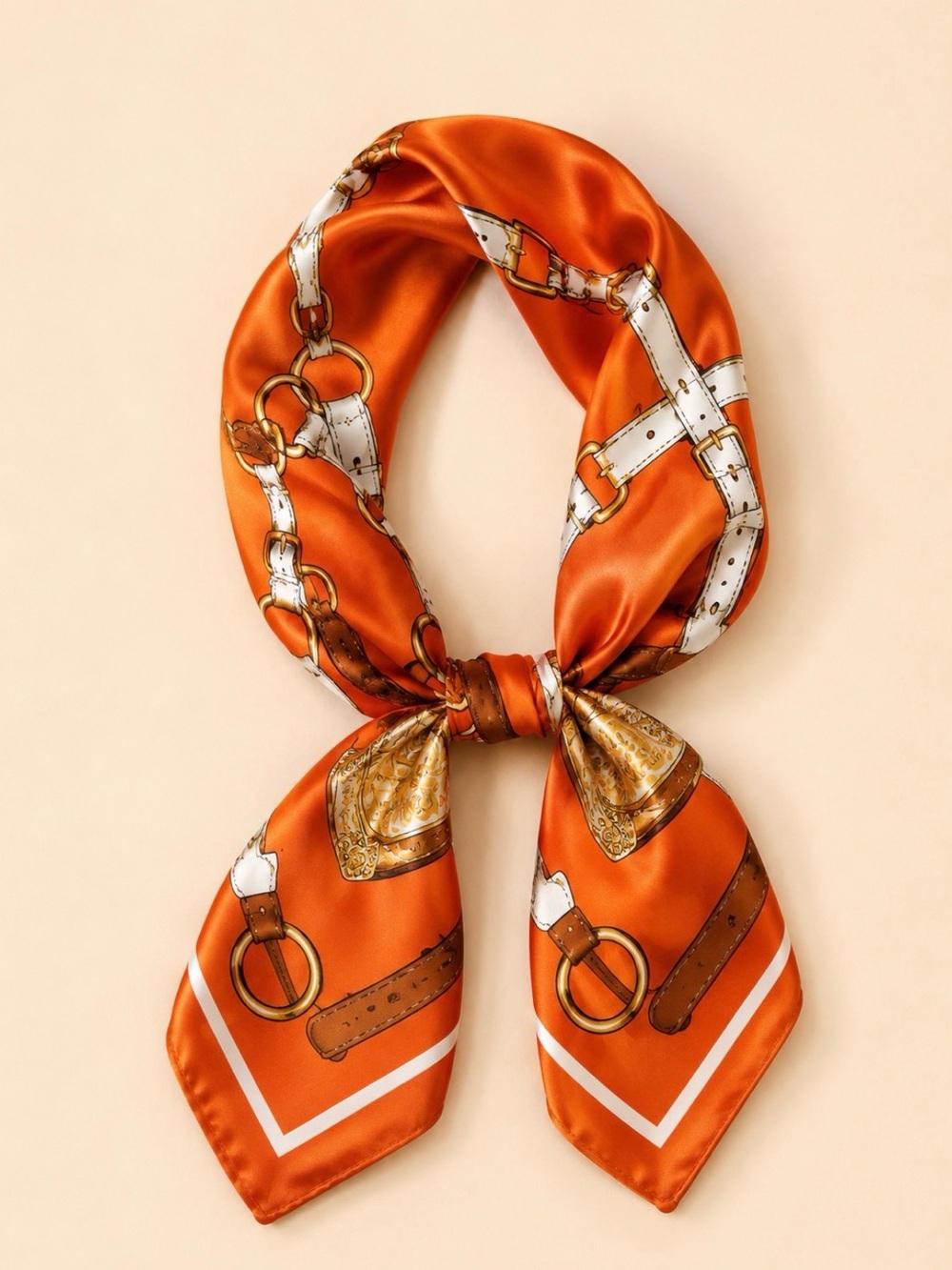 Orange Satin Chain & Belt Print Neck Scarf